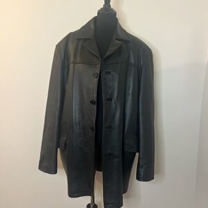 Men's Black Leather Button-Up Trench Coat - Brand Unspecified